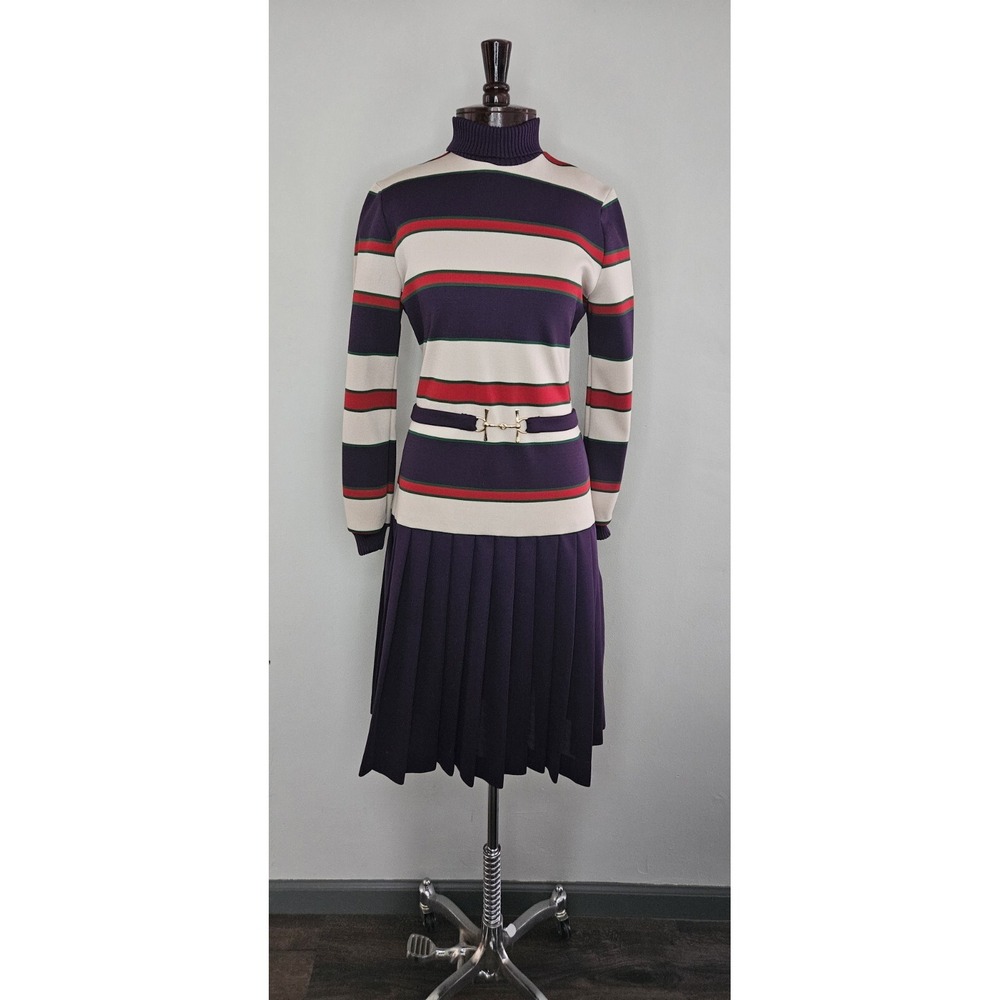 Vintage NWT 60s 70s James Kenrob Dalton Purple Red Stripe Drop Waist Dress